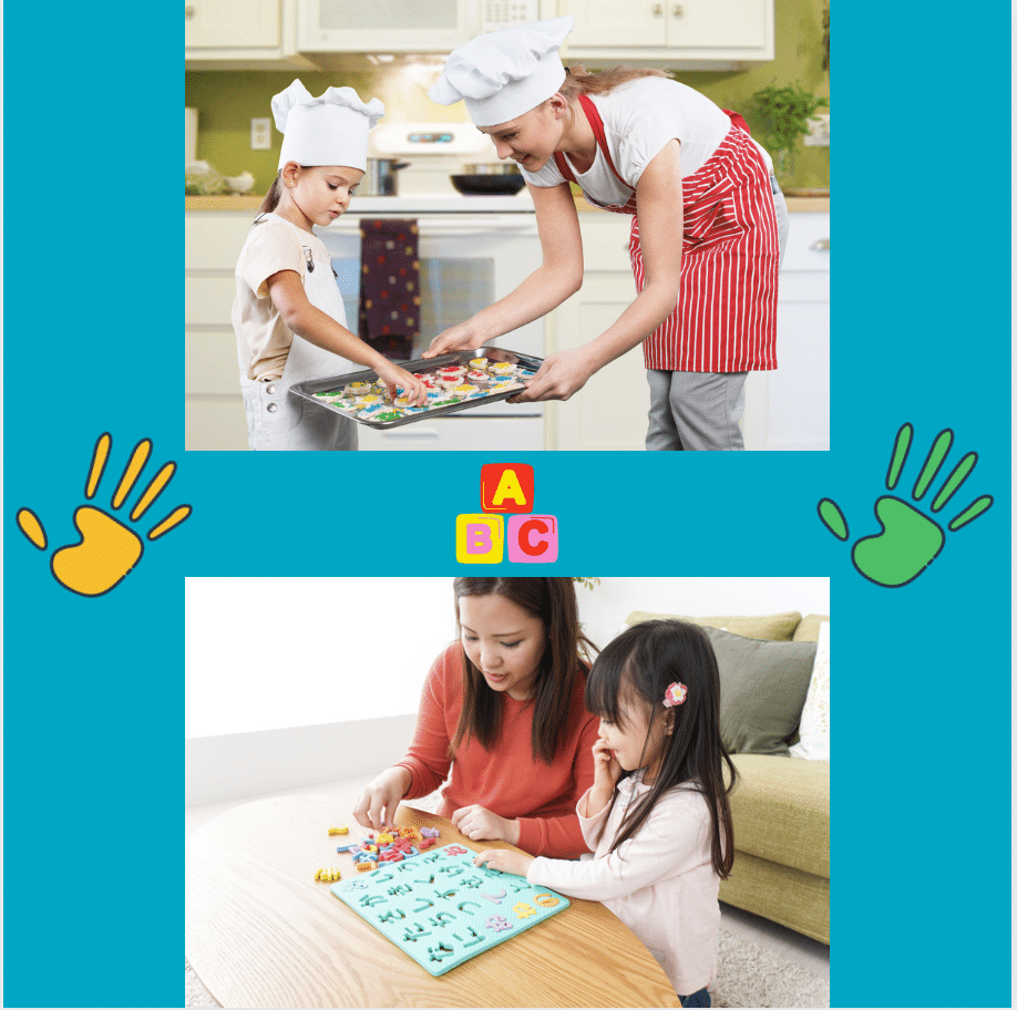 A woman is teaching a little girl how to read the alphabet