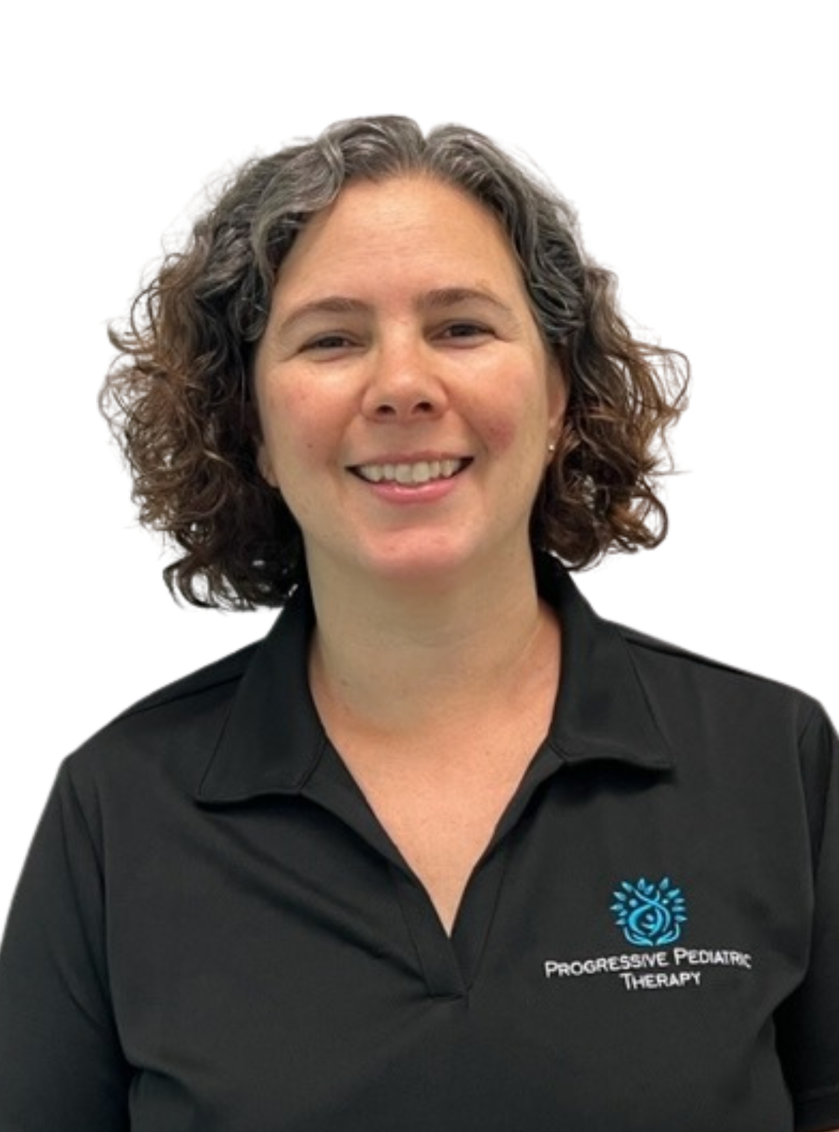 A woman wearing a black shirt with the word therapy on it