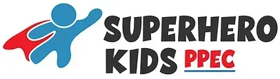 A logo for a superhero kids ppec with a superhero on it.