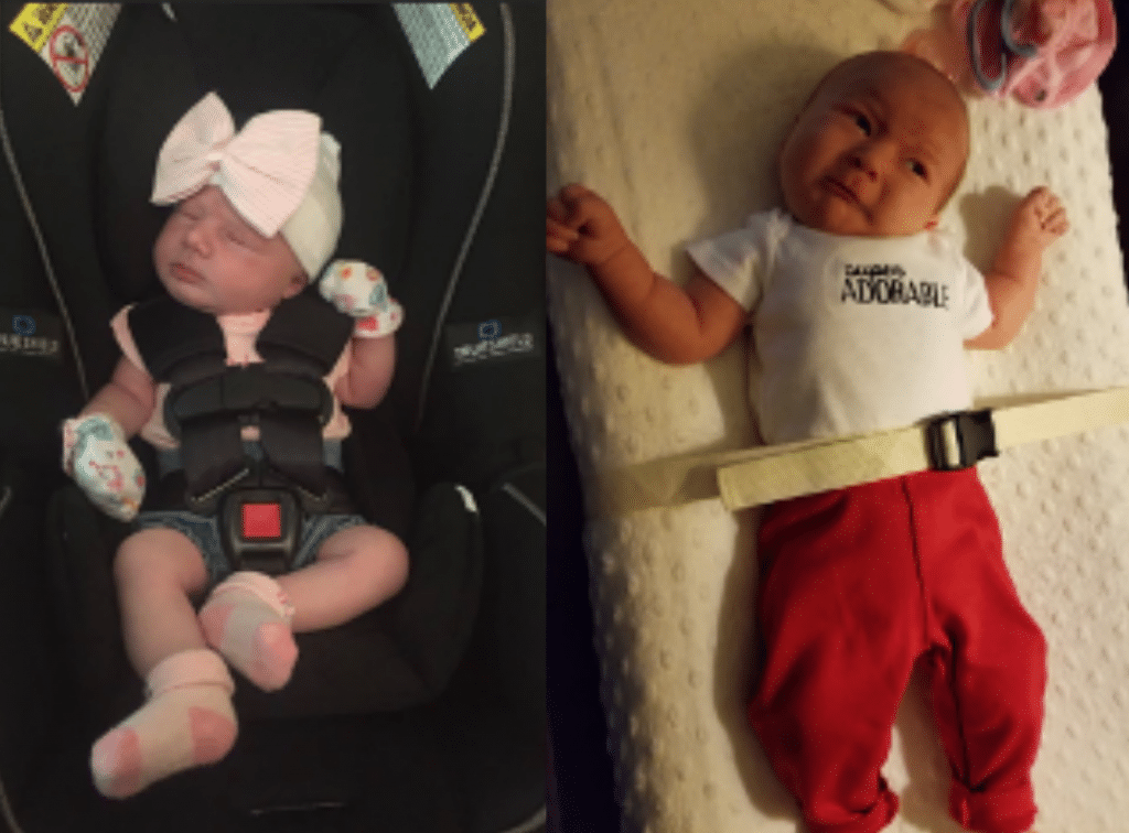 A baby in a car seat next to a baby in a crib