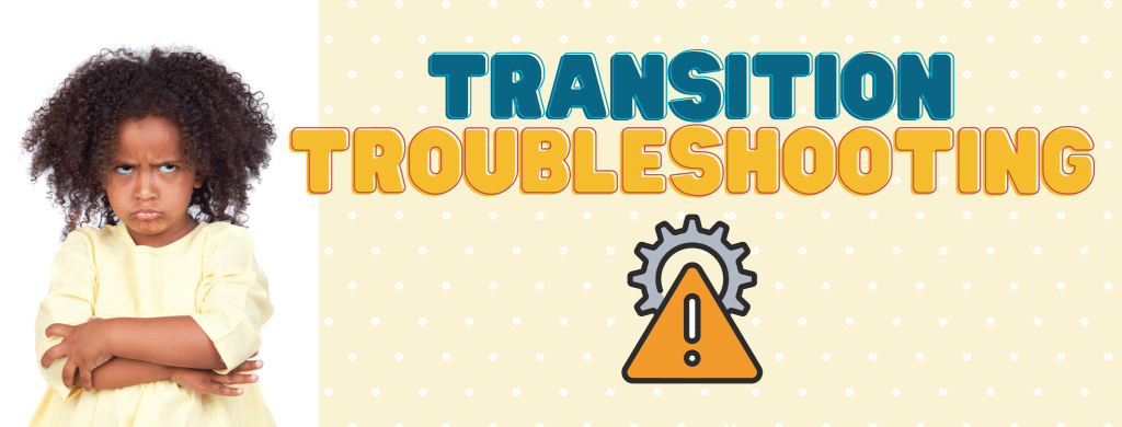 A little girl with curly hair is standing with her arms crossed in front of a sign that says `` transition troubleshooting ''.
