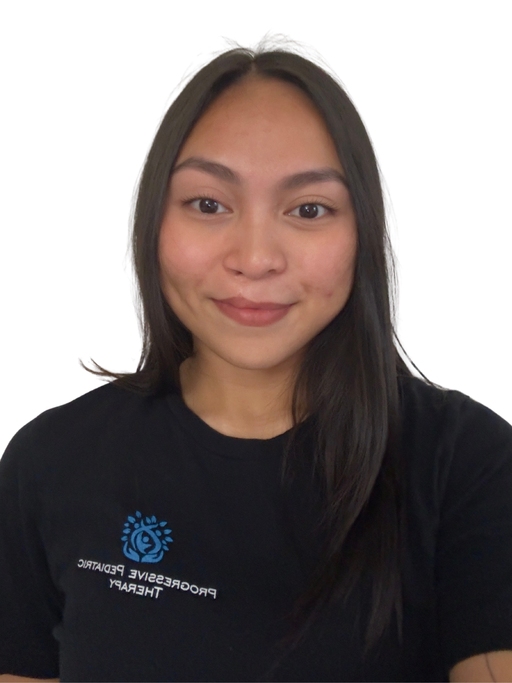 A woman with long hair is smiling and wearing a black shirt
