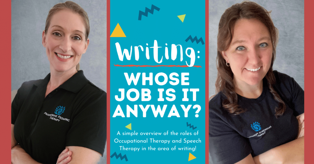 Two women are standing next to each other in front of a sign that says writing : whose job is it anyway ?