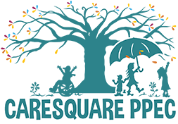 A logo for caresquare ppec with a tree and people holding umbrellas.