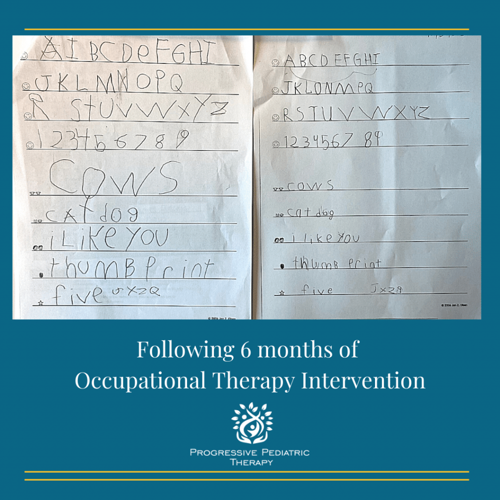 A picture of a child 's handwriting and the words following 6 months of occupational therapy intervention