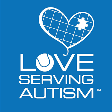 The logo for love serving autism shows a heart with a puzzle piece in it.