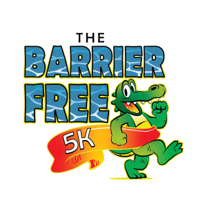 A logo for the barrier free 5k with a crocodile
