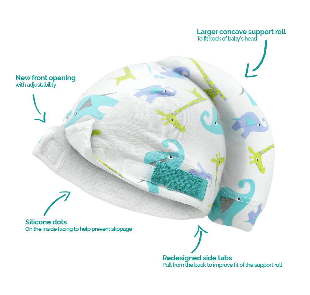 A baby hat with elephants and giraffes on it