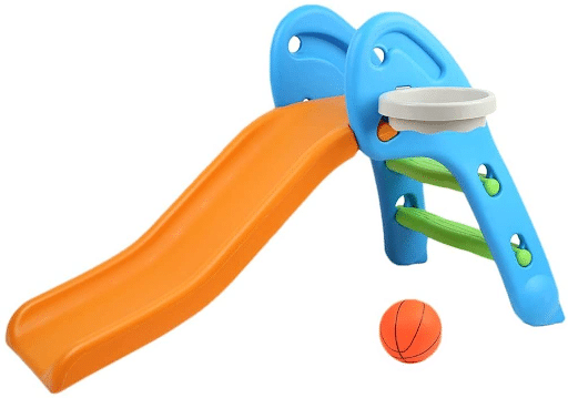 A blue and orange slide with a basketball hoop