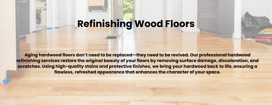A picture of a wood floor with the words refinishing wood floors on it.