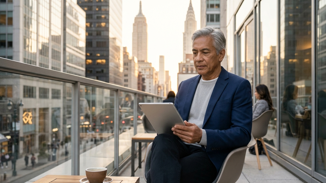 A focused older professional, around 60 years old, with diverse features and grey hair, sits on a modern ergonomic chair on the balcony of a city cafe during golden hour, looking out towards a beautifully rendered Manhattan skyline. They are reviewing documents on a tablet with an expression of calm authority.