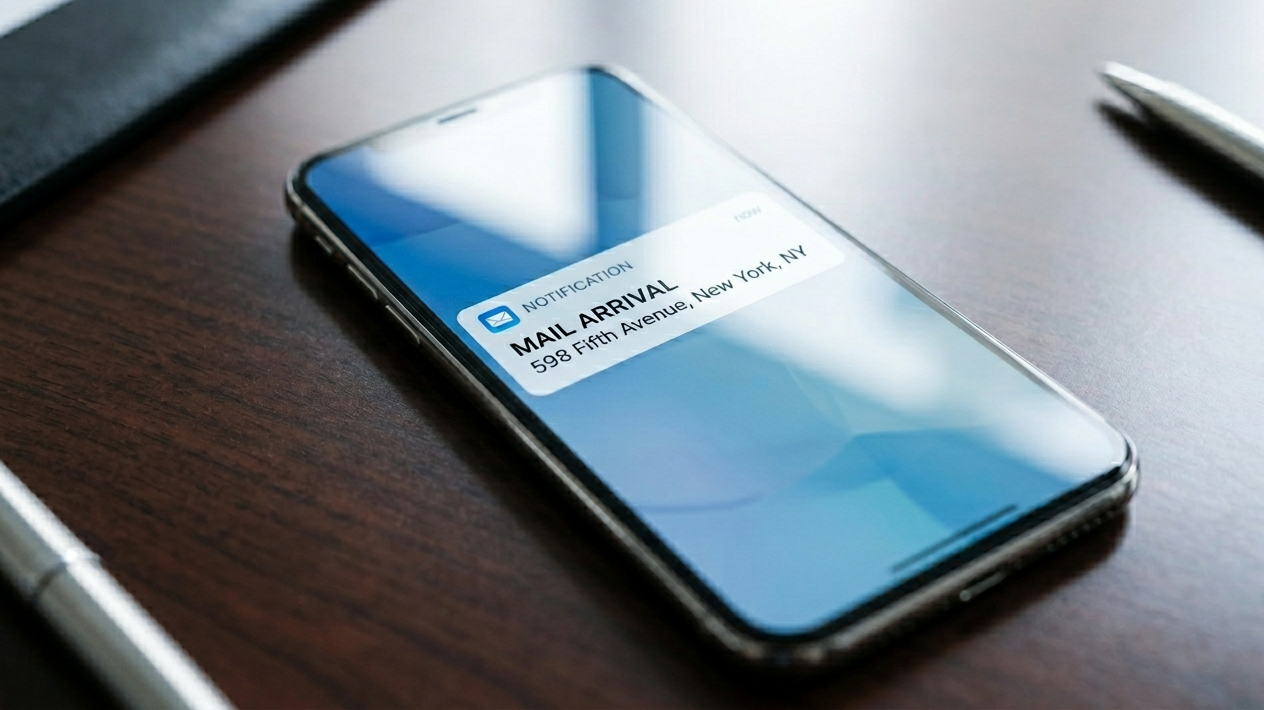 smartphone on an executive desk showing a professional mail notification in bright natural daylight.