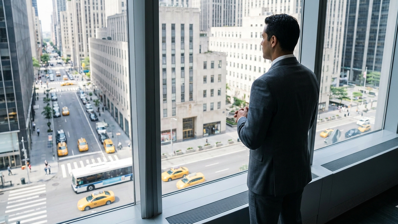 A focused Hispanic male executive in a tailored suit stands by a high-floor window, gazing over the sprawling urban landscape. The elevated perspective looking down captures the grid of Manhattan streets and the skyline near Rockefeller Center in crisp, bright daylight, emphasizing a command of the environment.