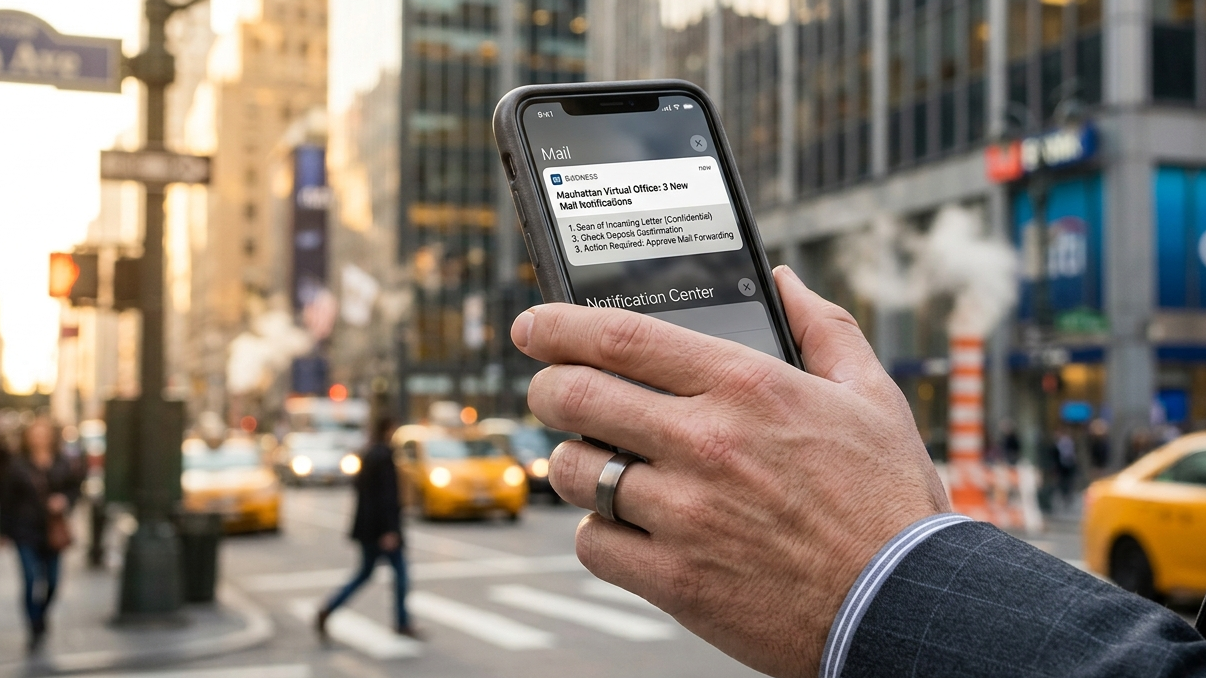 A close up shot of a professional hand holding a smartphone outside on a busy Manhattan street, checking mail notifications from a premium virtual office service.