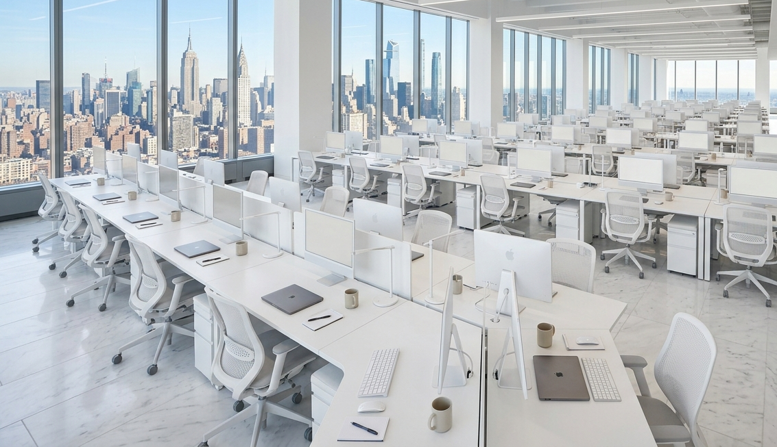 Vacant Manhattan office, NYC skyline and Empire State Building views. Empty desks in a modern corpor
