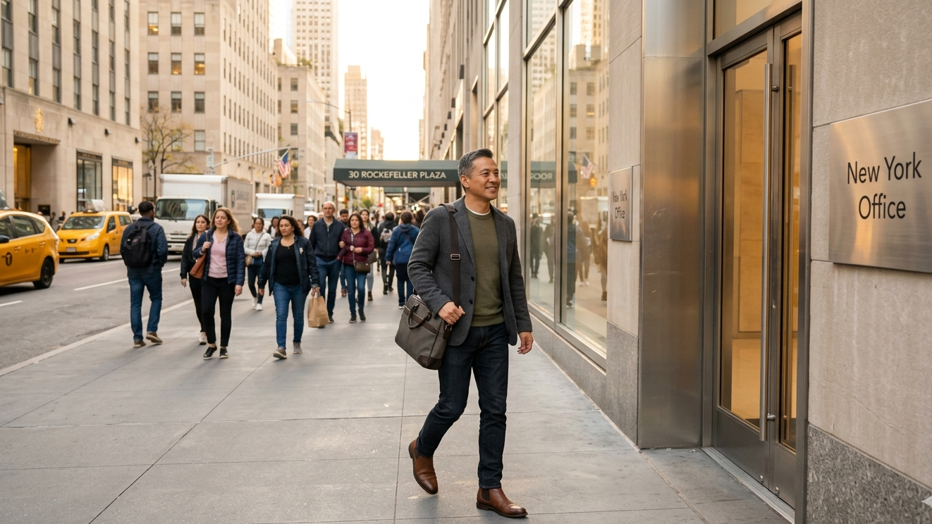 An authentic, unforced street-level photograph of a diverse, middle-aged professional in smart-casual attire walking purposefully on a busy Fifth Avenue sidewalk near Rockefeller Center. They are smiling slightly and looking towards a modern, sharp building entrance.