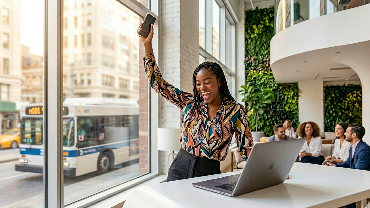 Enthusiastic female entrepreneur celebrating a business win on her phone in a sunlit loft with an M1