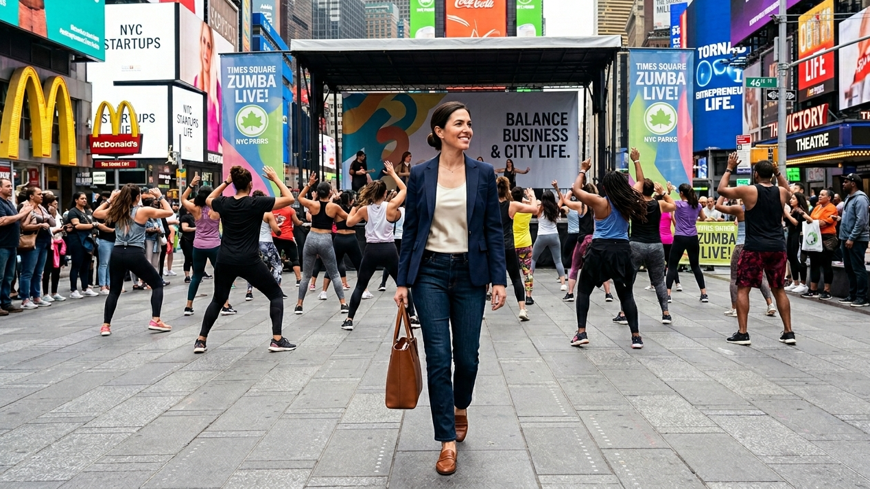 A successful professional in smart-casual layers walking through a busy Times Square Plaza between 47th and 46th streets during a Zumba class, representing the balance of business and city life.