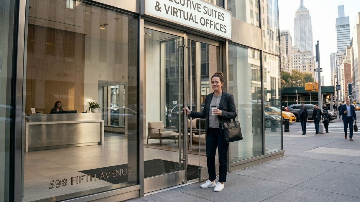 A woman in a grey sweater and black blazer stands in front of the glass entrance of 598 Fifth Avenue, which features a sign for Executive Suites and Virtual Offices. The Empire State Building is visible in the background of the busy New York City street.