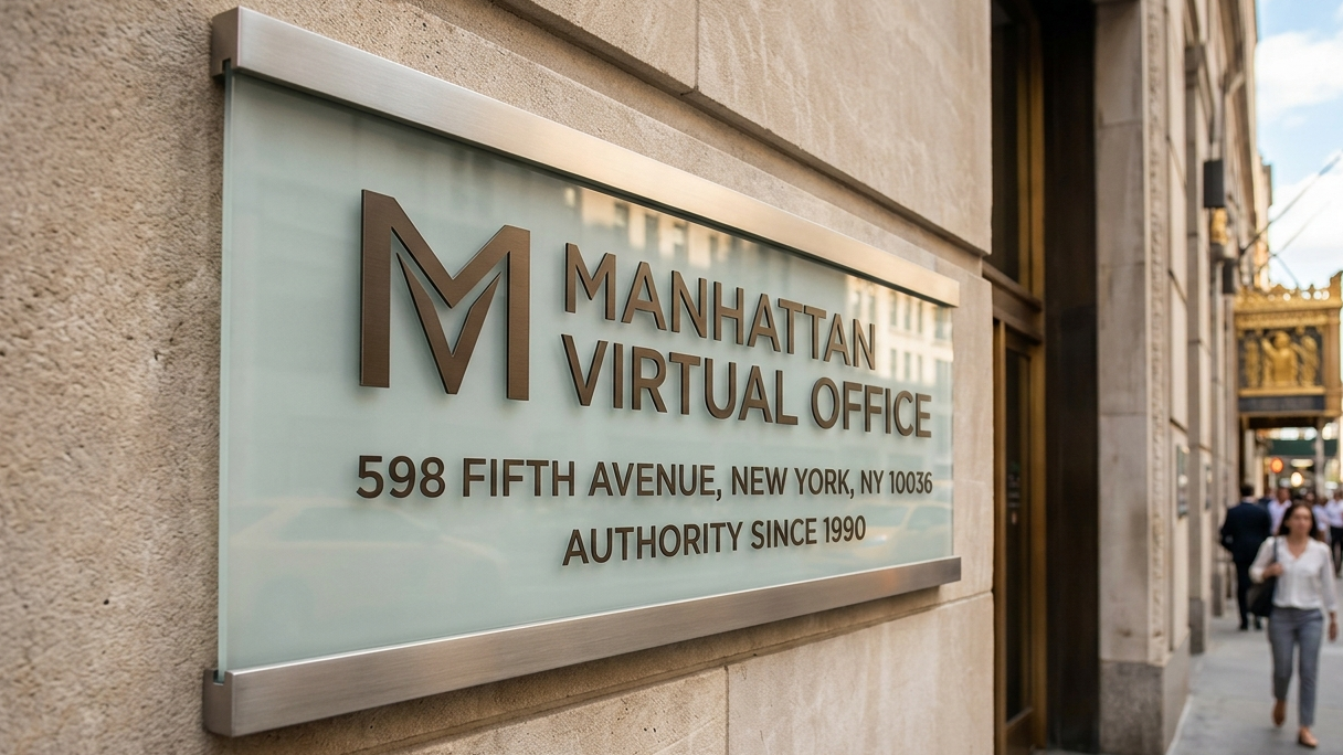 A sharp, professional close-up of sleek, modern office signage displaying Manhattan Virtual Office at 598 Fifth Avenue, conveying prestige, corporate authority, and a real physical presence.