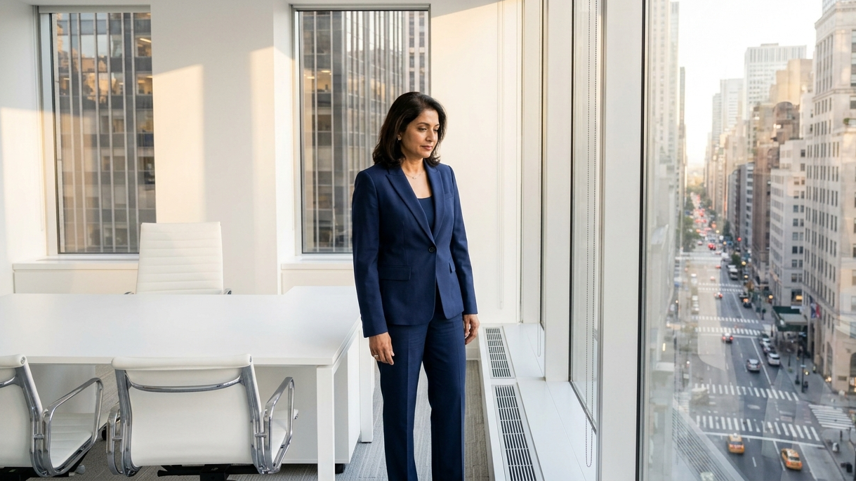 South Asian woman (50s) thoughtfully viewing Rockefeller Center and Manhattan skyline at golden hour