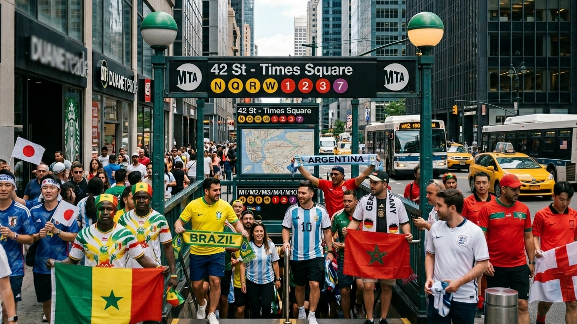 A busy crowd of international soccer fans holding flags from Senegal, Brazil, Argentina, and Morocco exiting the 42 St - Times Square MTA subway station entrance on a crowded city street.