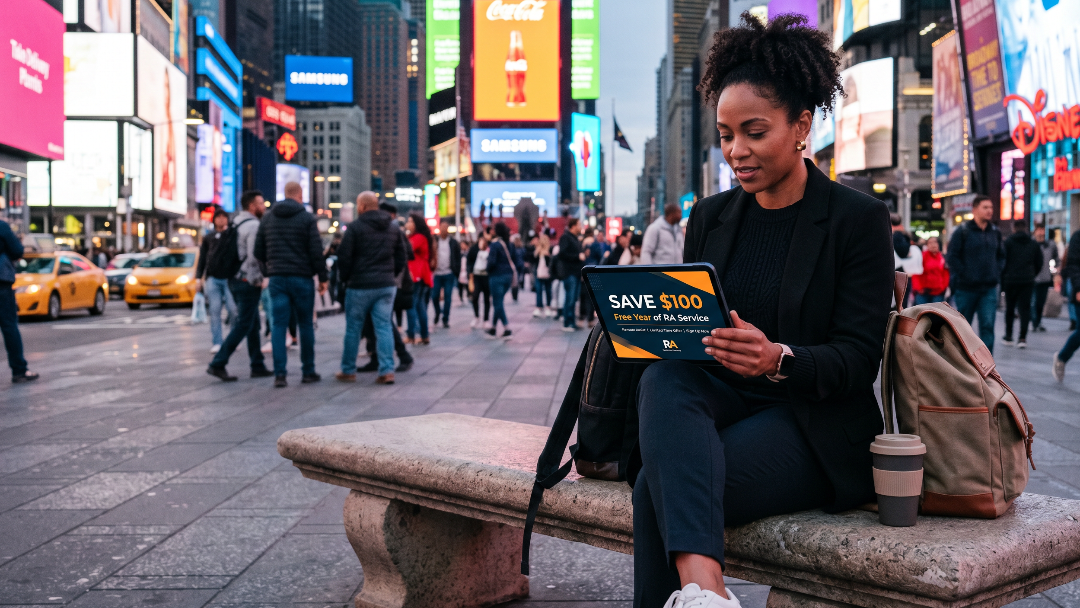 A professional in smart-casual streetwear sitting on a stone bench in a Times square plaza, looking at a tablet screen that displays a bold, sleek promotional graphic reading - Free Year of Registered Agent Service.