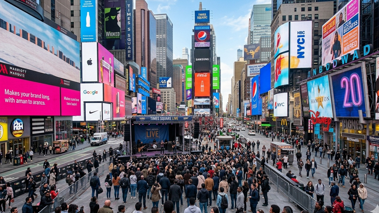 Daytime Times Square: A diverse crowd in smart-casual wear watches live music among monumental LED b