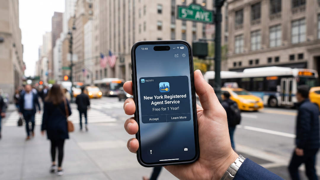 Smartphone on Manhattan sidewalk showing a FREE Registered Agent Year Included notification.