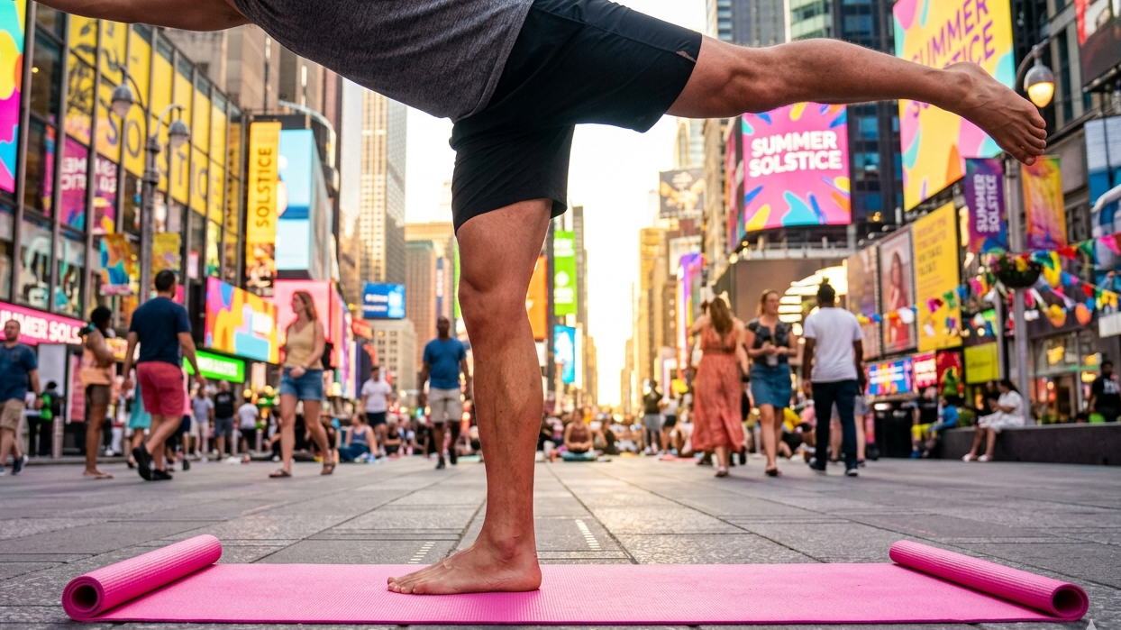 A close-up, ground-level street photo focusing on a strong Warrior balancing pose executed on a pink yoga mat. The background features the colorful, sunlit atmosphere of the outdoor plazas during the summer solstice event.