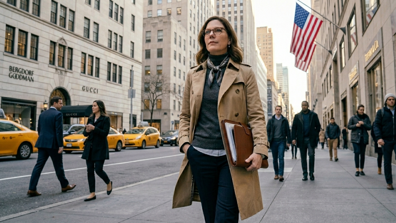 Corporate advisor in trench coat carries a leather folio to an executive meeting near Rockefeller Ce