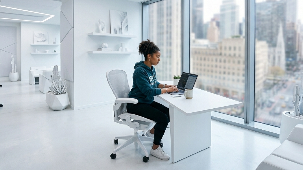 A  professional in a hoodie works on a laptop, overlooking busy Fifth Avenue from a high-floor desk
