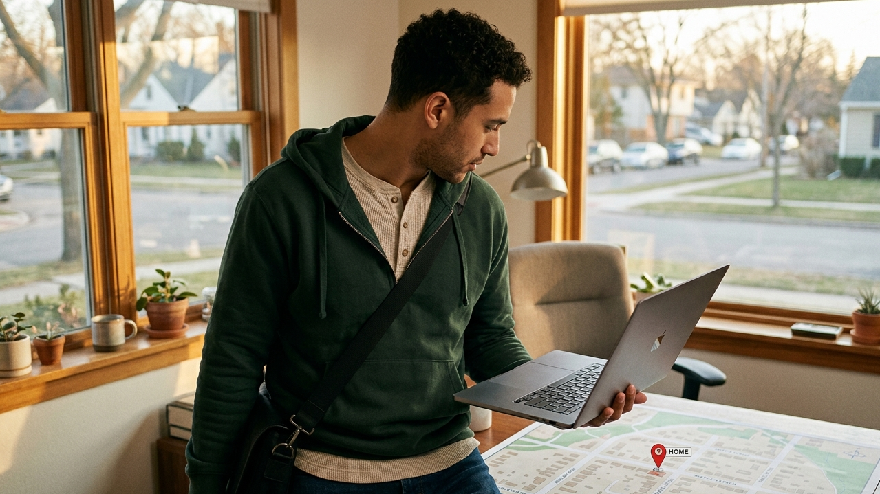 Diverse professional marking home address on map for LLC  in home office. Includes laptop.