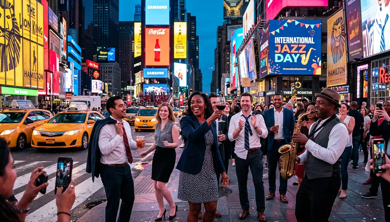 A diverse group of professionals celebrating International Jazz Day in a vibrant Times Square setting with a live saxophone player and bright digital billboards in the background.