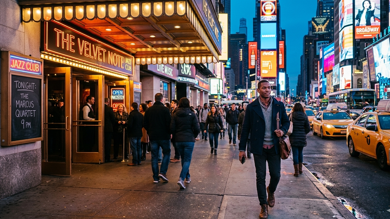 A professional walking past a jazz club entrance in Manhattan during the evening.