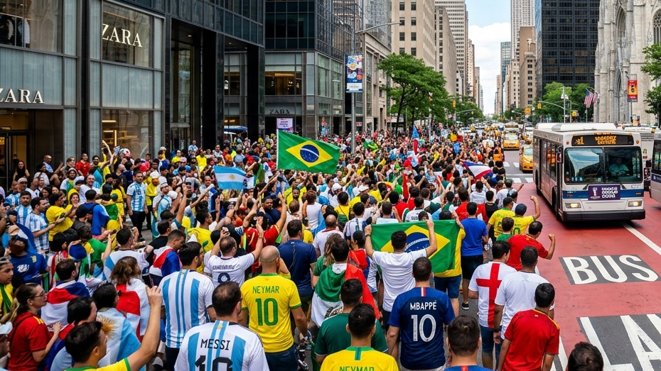A designated red bus lane on a Manhattan street with a city transit bus driving past thousands of soccer fans waving large international flags outside a Zara storefront.