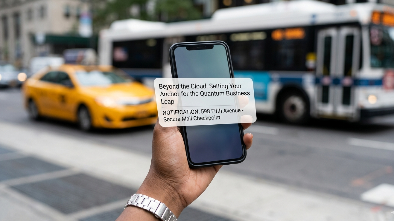 A hand belonging to a woman of African descent holds a smartphone displaying a sharp, centrally formatted notification for a mail arrival at 598 Fifth Avenue. The background is a street-level Manhattan view with a soft bokeh effect showing blurred yellow taxis and a passing NYC MTA bus in the afternoon light.
