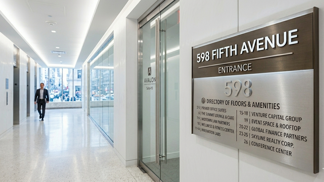 A professional sign indicating a business location at 598 Fifth Avenue in a clean, brightly lit hall