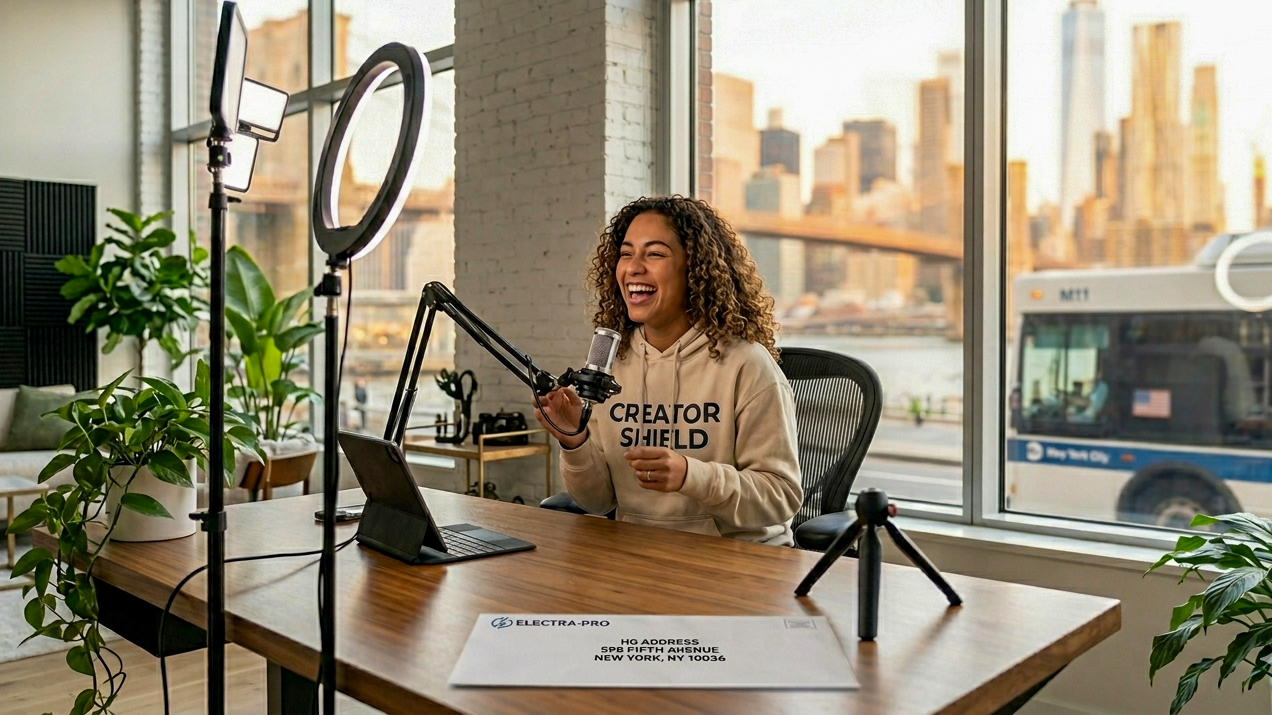 Joyous creator laughs in a sunlit NYC loft. A letter reads: HQ Address 598 Fifth Avenue, New York, N