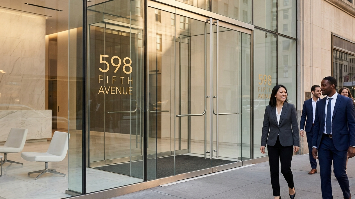 A sharp, professional close-up of a glass entrance at 598 Fifth Avenue, reflecting the historic architecture of the street with natural golden hour light creating soft reflections.