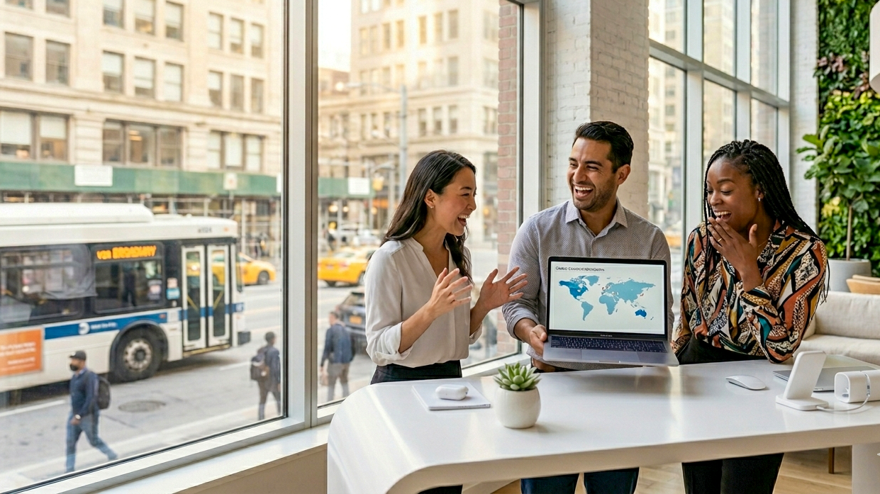 Diverse group of laughing professionals collaborating around a laptop in a modern New York office with an MTA bus visible outside.