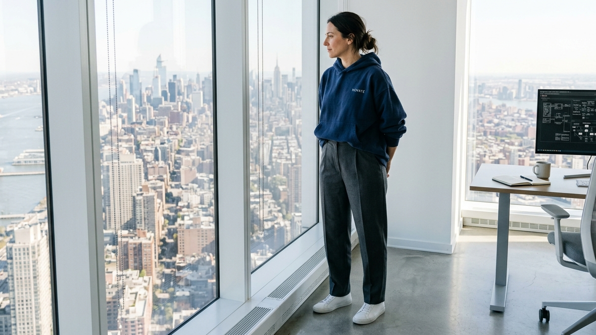 A female entrepreneur in a stylish modern hoodie stands in a bright white office on a high floor, looking out at the expansive Manhattan skyline view far below.