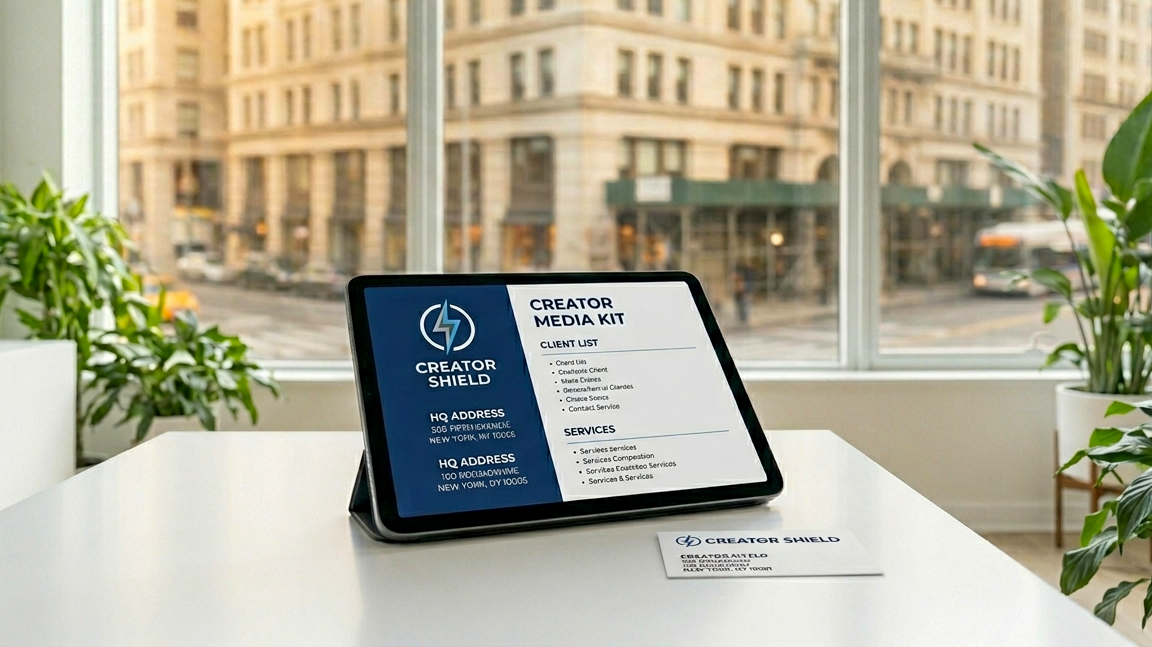 Close-up of a white minimalist desk with a tablet displaying a Creator Media Kit with HQ address 598 Fifth Ave NY 10036 and a matching business card.
