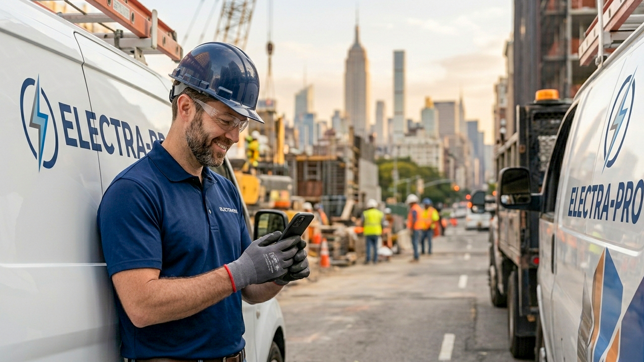 High-energy contractor in an Electra-Pro branded polo, checking a professional invoice on his smartphone with a blurred Manhattan business district bokeh behind him.