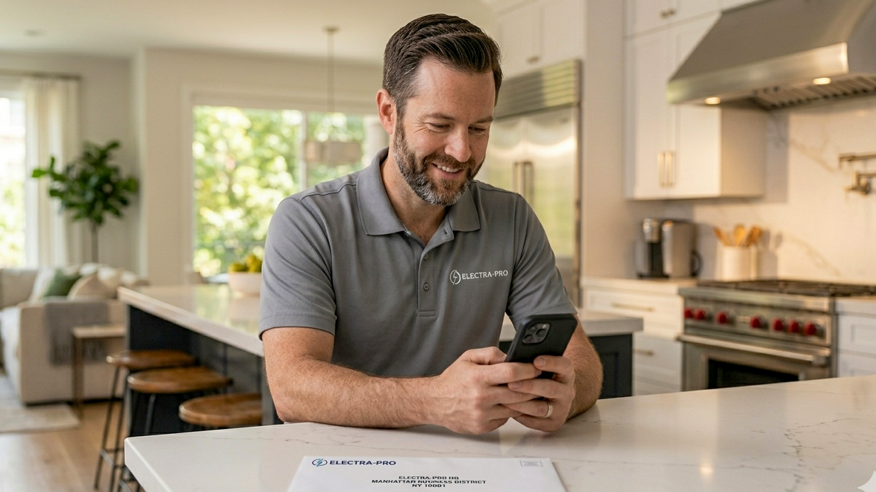 A successful contractor in a branded grey polo relaxes in his private residential kitchen, looking at a physical billing statement with a prestigious Manhattan return address.
