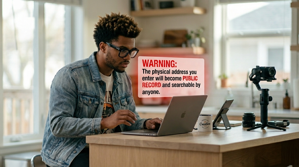 An entrepreneur works on a laptop. A red box warns: The physical address you enter becomes PUBLIC RE