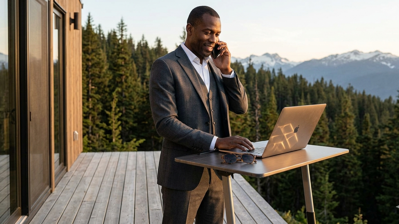 A photograph capturing a focused Black man in his early 40s working remotely from a modern wooden deck that overlooks a dense mountain forest and distant snow-capped peaks under a warm golden hour sky. He is engaged in conversation on a mobile phone while using a high-end laptop, maintaining an efficient and globally-connected executive presence from a tranquil environment.