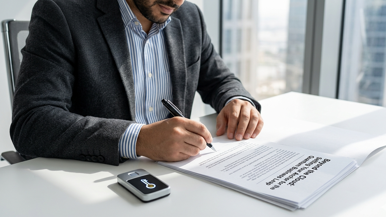 A close-up, sharp focus on a professional desk in a bright white office where a man of Middle Eastern descent is signing legal documents. Through the window in the background, there is a high-rise view looking down at the cityscape of Fifth Avenue. Soft geometric reflections from the sun hit the white desk surface.