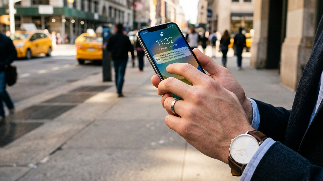 A close up shot of a creative professional holding a smartphone on a sunny Manhattan sidewalk, viewing an instant digital mail notification from Manhattan Virtual Office.