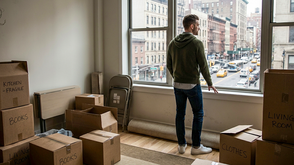 Man in 30s in smart-casual hoodie looks out window of NYC apartment filled with moving boxes. NYC re